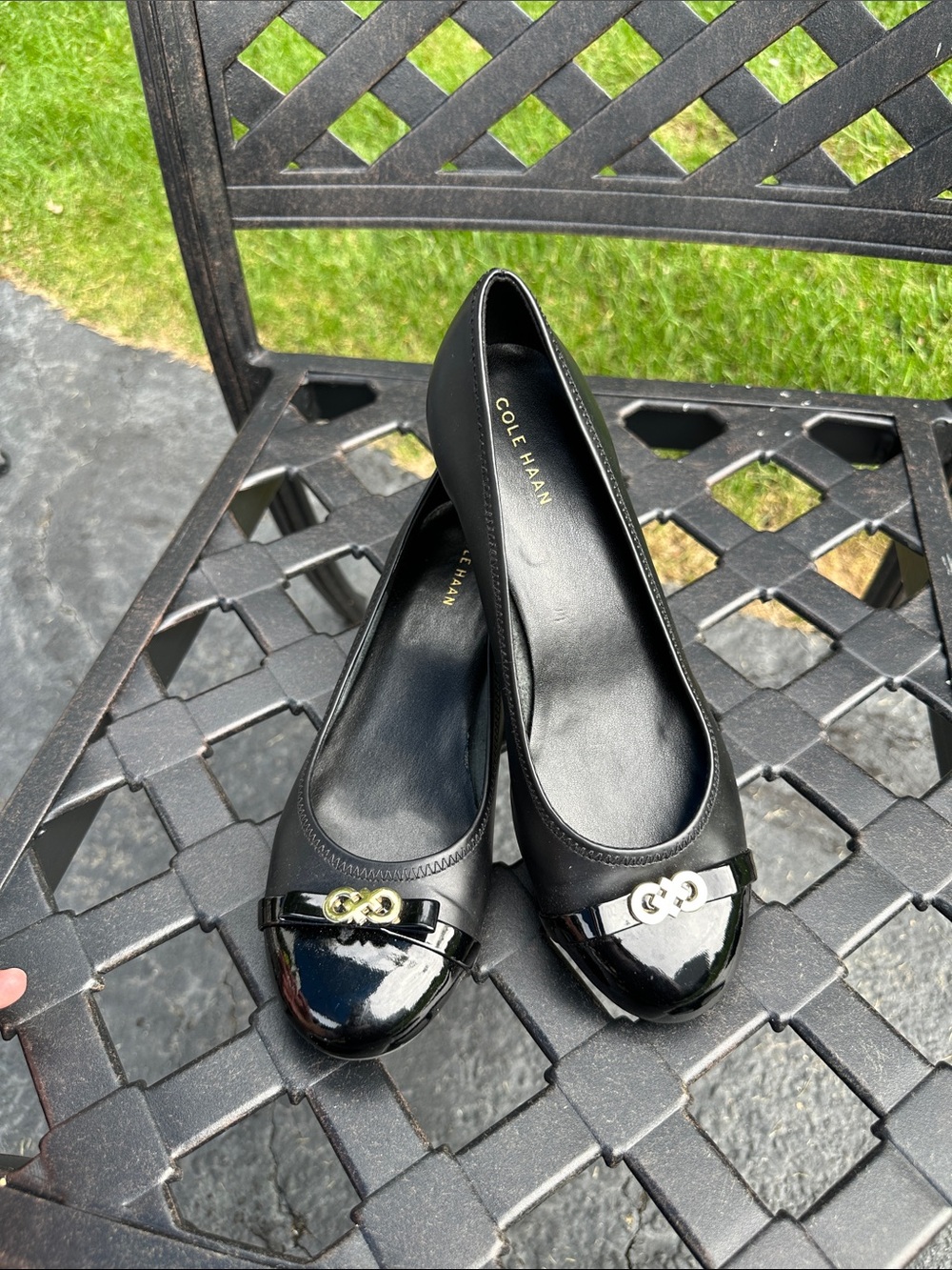 Cole Haan Black Patent Cap-Toe Ballet Flats with Gold Accent